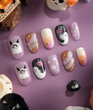 Ghost Kuromi handmade press-on nails featuring sheer nude pink base orange gradient gold swirl ghost skull cartoon 3D