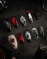 Dark Fairytale handmade press-on nails featuring Black Red Gothic, 3D Rose Cross.