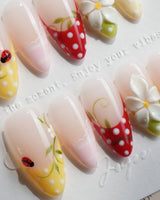 Lucky Dot nail art close-up showing Cute Pastoral, Hand-painted Ladybugs & Red Polka Dot French Tips. details