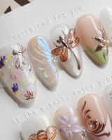 Dew Wing press-on nails — Dreamy Night, Metallic Relief Dragonflies & Fluid Butterfly Wings. handmade nail art by Joyee Nails