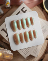 Aurora Mist press-on nails — Champagne Nude, Green Aurora Cat Eye. handmade nail art by Joyee Nails