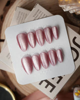 Soft Romance press-on nail set — rose pink cat eye magnetic shimmer nails design, hand-painted with real gel polish