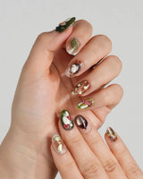 Autumn Tales short oval press-on nails with hedgehog, mushroom and autumn forest nail art