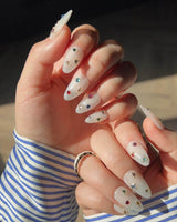 Sicily nails press-on nails — milky white colorful rhinestone nails handmade nail art by Joyee Nails