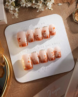 Amber Maple press-on nails — orange french tips gold outline maple leaves handmade nail art by Joyee Nails