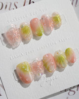 Aqua - Spring Ripple Bloom press-on nails — Vivid Pink & Green, 3D Flowers & Aurora Smudge. handmade nail art by Joyee Nails