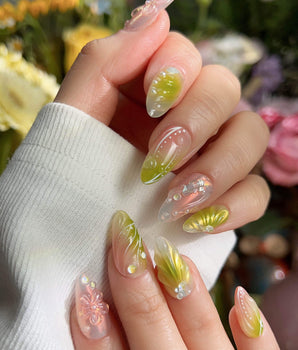 Aqua - Spring Ripple Bloom handmade press-on nails featuring Vivid Pink & Green, 3D Flowers & Aurora Smudge.