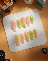 Aqua - Spring Ripple Bloom press-on nails in medium almond shape — Vivid Pink & Green, 3D Flowers & Aurora Smudge.