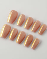 Aurora Flame press-on nails in short coffin shape — orange & gold cat eye