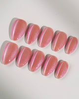 Aurora Mirage press-on nails in extra short almond shape — Dusty Rose, Velvet Cat Eye.