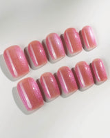 Aurora Mirage press-on nails in short square shape — Dusty Rose, Velvet Cat Eye.