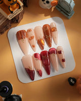 Autumn Bounty press-on nails with harvest-inspired pumpkin and apple 3D nail art