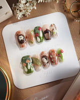 Autumn Tales press-on nails with warm fall forest details, 3D hedgehog and mushroom accents