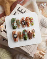 Autumn Tales medium coffin press-on nails with hedgehog, mushroom, and autumn forest details