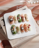 Autumn Tales medium square press-on nails with hedgehog, mushroom, and autumn forest details