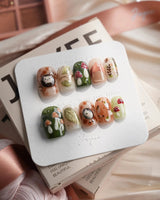 Autumn Tales short square press-on nails with hedgehog, mushroom, and autumn forest details