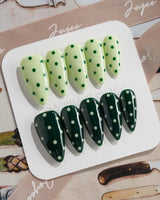 Avocado Shake press-on nails — Forest Green & Light Green Contrast, Retro Polka Dots handmade nail art by Joyee Nails