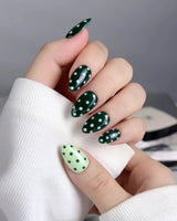 Avocado Shake press-on nails — Forest Green & Light Green Contrast, Retro Polka Dots handmade nail art by Joyee Nails