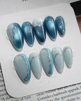 Banff Blue press-on nails — Cat Eye Blue Nails with Chrome Outline handmade nail art by Joyee Nails