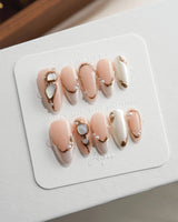 Baroque Pearl custom size press-on nails in medium almond with real pearls and gems