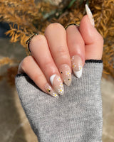 Beebee Nail Art press-on nails in short almond shape — Warm French, Daisy & Honeybee.