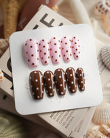 Berry Cocoa medium coffin press-on nails with chocolate brown dessert-inspired 3D nail art