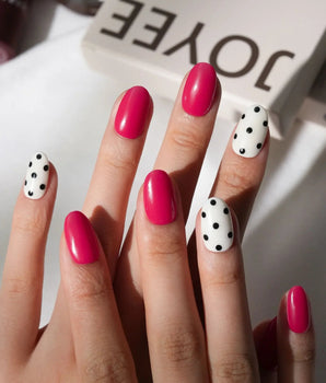 Berry Dot Short Oval polka dot press on nails red with pink dot solid color handmade nail art - image 1