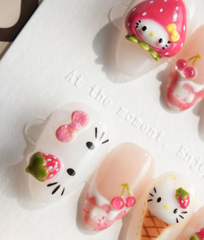 Berry Kitty press-on nail set — cute cat nail art design, hand-painted with real gel polish