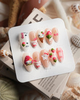 Berry Kitty medium almond nails with berry-hood kitty, cherries, and hand-painted fruit details