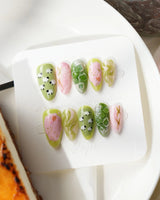 Berry Matcha handmade jelly nail art with marbled green and pink drink colors