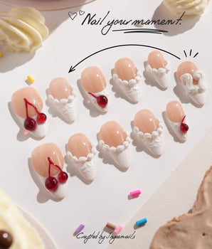 Birthday Cake handmade press-on nails featuring Vintage Cherry Cream, 3D Embossed Textures & Jelly Cherries.