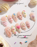 Birthday Party handmade press-on nails featuring Dreamy Candy Style, 3D Bows & Strawberry Cream Cake.