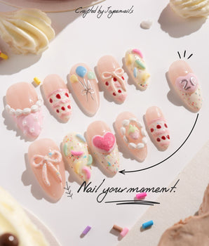 Birthday Party handmade press-on nails featuring Dreamy Candy Style, 3D Bows & Strawberry Cream Cake.