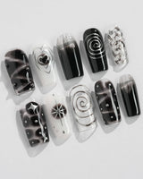 Black & Silver Void press-on nails in medium square shape — black aura swirl abstract nails