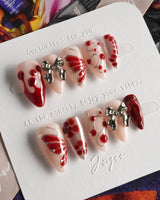Silver Butterfly press-on nails in short stiletto shape — Silver & Red Gothic, 3D Bows & Blood Drops.
