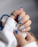 Blue Grid handmade nail set with frozen berry accents and clean blue plaid lines