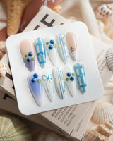 Blue Grid blueberry plaid press-on nails in long stiletto shape