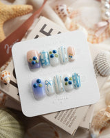 Blue Grid blueberry plaid press-on nails in short square shape