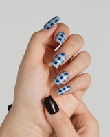 Gingham press-on nails in navy and white