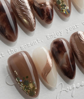 Bonfire Short Almond brown marble press on nails with brown marble handmade nail art - image 1