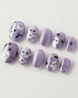 Boo Flicks -Purple press-on nails in extra short oval shape — Purple Glitter Halloween, Playful Ghost & Spiderweb.