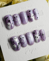 Boo Flicks -Purple press-on nails in short oval shape — Purple Glitter Halloween, Playful Ghost & Spiderweb.