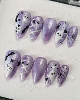 Boo Flicks -Purple press-on nails in short stiletto shape — Purple Glitter Halloween, Playful Ghost & Spiderweb.