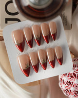 Bow French press-on nails — nude base red chrome french gold outline bow accent handmade nail art by Joyee Nails