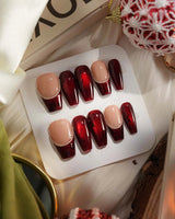 Brocade press-on nails with burgundy baroque texture, rose details and silver chain accents