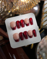 Brocade short coffin press-on nails with vintage red baroque texture and silver chain accents