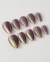 Brown Acrylic Cat-eye press-on nails in short stiletto shape — Berry Mauve cat eye