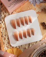 Caramel Chrome press-on nail set — Nude Brown chrome, Glossy Caramel Style. design, hand-painted with real gel polish