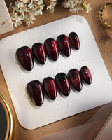 Burn press-on nails — Dark Red Cat Eye, Flowing Flame Texture. handmade nail art by Joyee Nails