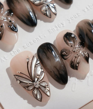 Butterfly Effect press-on nails — Neutral Nude & Black,